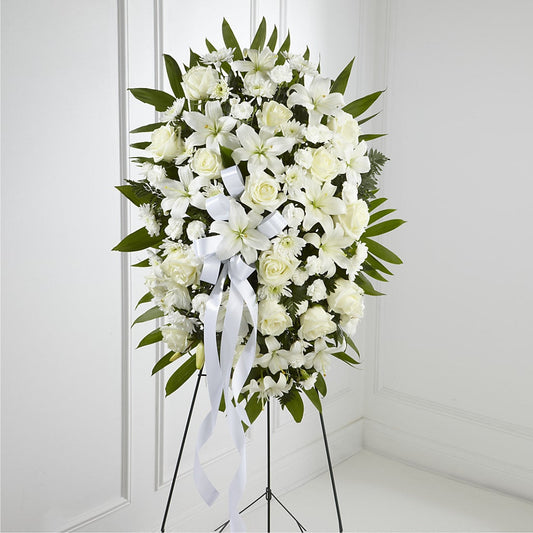 Exquisite Tribute Standing Spray-White Ribbon –  Tom Thumb, Pleasanton CA
