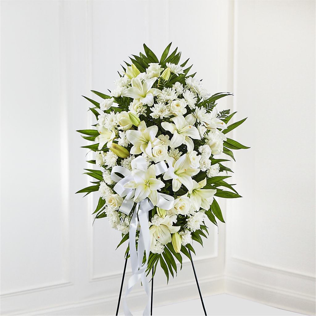 Exquisite Tribute Standing Spray-White Ribbon –  Tom Thumb, Pleasanton CA