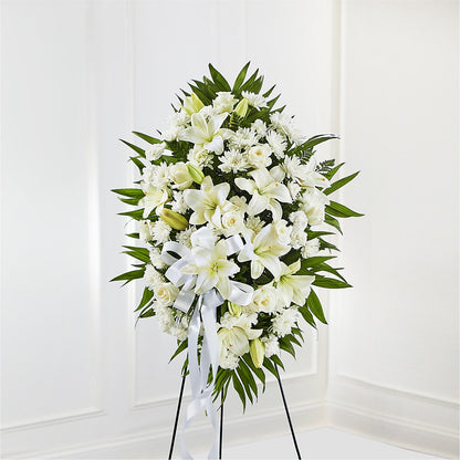 Exquisite Tribute Standing Spray-White Ribbon –  Tom Thumb, Pleasanton CA